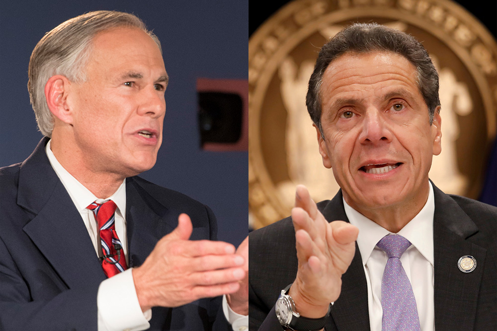 Texas Gov. Greg Abbott (Flickr/LBJ Library/Jay Godwin); New York Gov. Andrew Cuomo (CNS/Reuters/Shannon Stapleton)