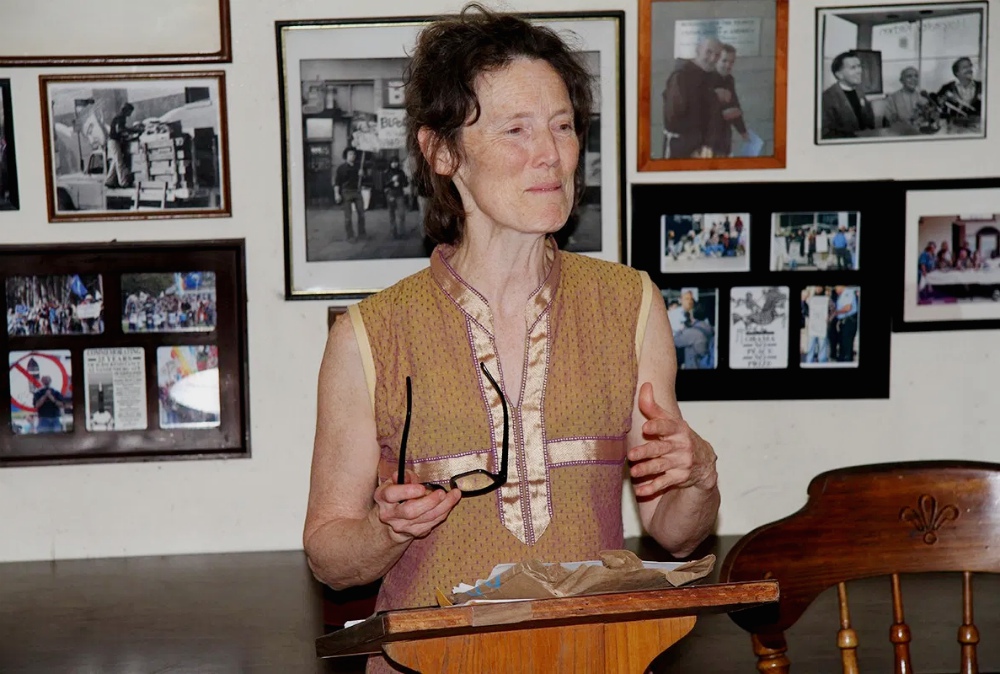 Plowshares activist Clare Grady speaks at the Los Angeles Catholic Worker on Oct. 3, 2018. (Mike Wisniewski)