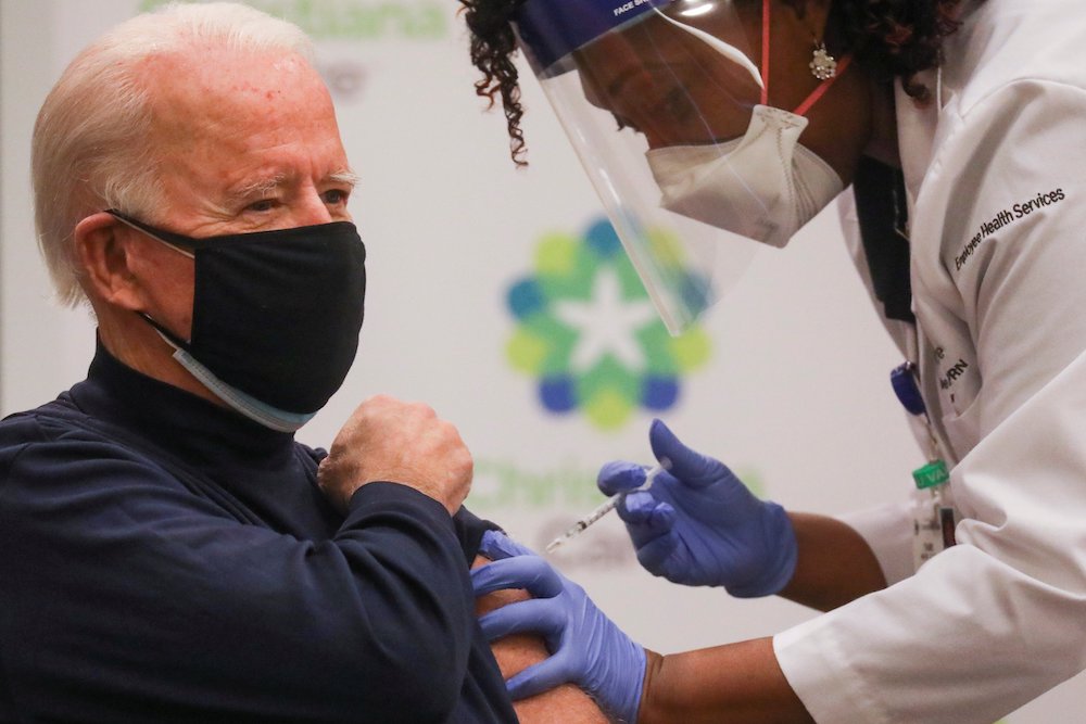 President-elect Joe Biden receives a COVID-19 vaccine at ChristianaCare Christiana Hospital in Newark, Delaware, Dec. 21. (CNS/Reuters/Leah Millis)