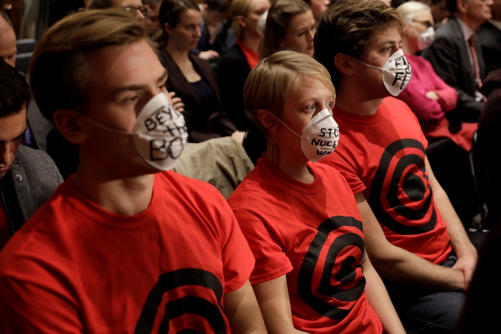 Nuclear disarmament proponents sit in a hearing of the U.S. Senate Foreign Relations Committee on Capitol Hill in Washington Nov. 14, 2017, about presidential authority to use nuclear weapons. (CNS/Reuters/Yuri Gripas)