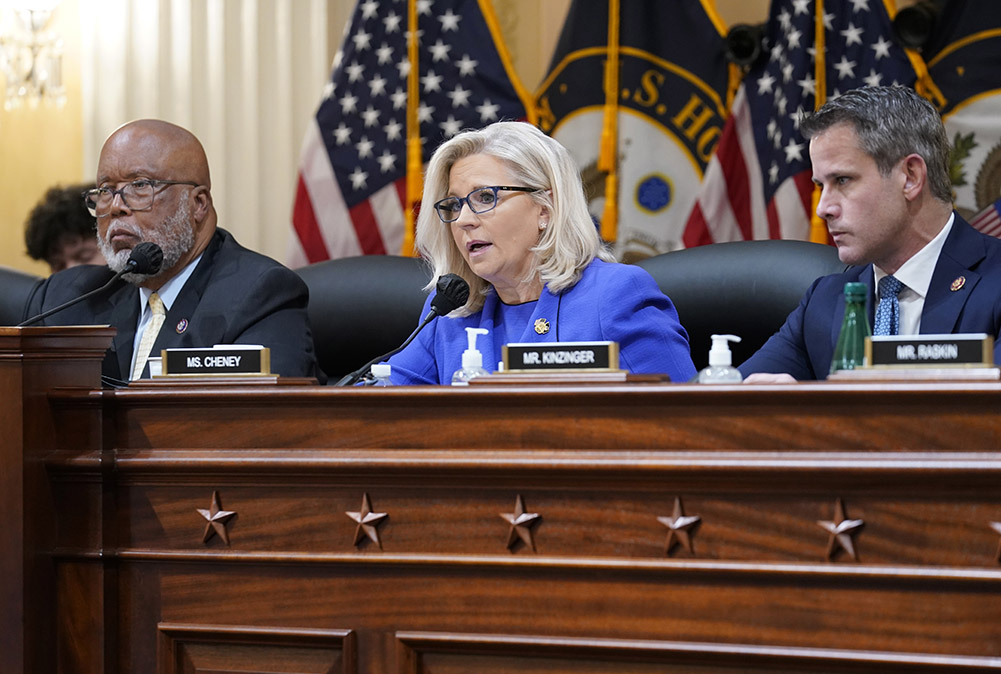 Rep. Liz Cheney, R-Wyoming, gives her opening remarks as Rep. Bennie Thompson, D-Mississippi, left, and Rep. Adam Kinzinger, R-Illinois, look on, as the U.S. House Select Committee on the January 6 Attack holds its first public hearing. (AP)