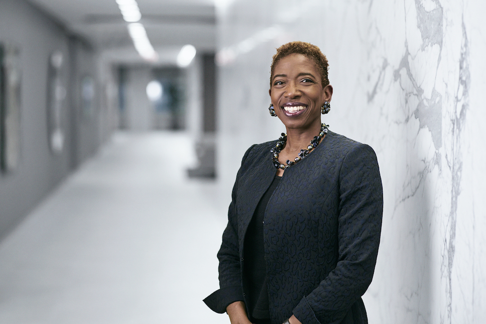 Carla Harris standing in a hallway