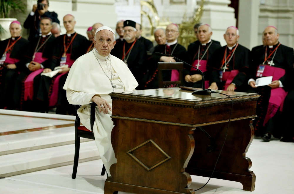 Pope Francis leads a meeting with priests, seminarians and religious at the cathedral in Palermo, Sicily, Sept. 15. (CNS/Paul Haring)