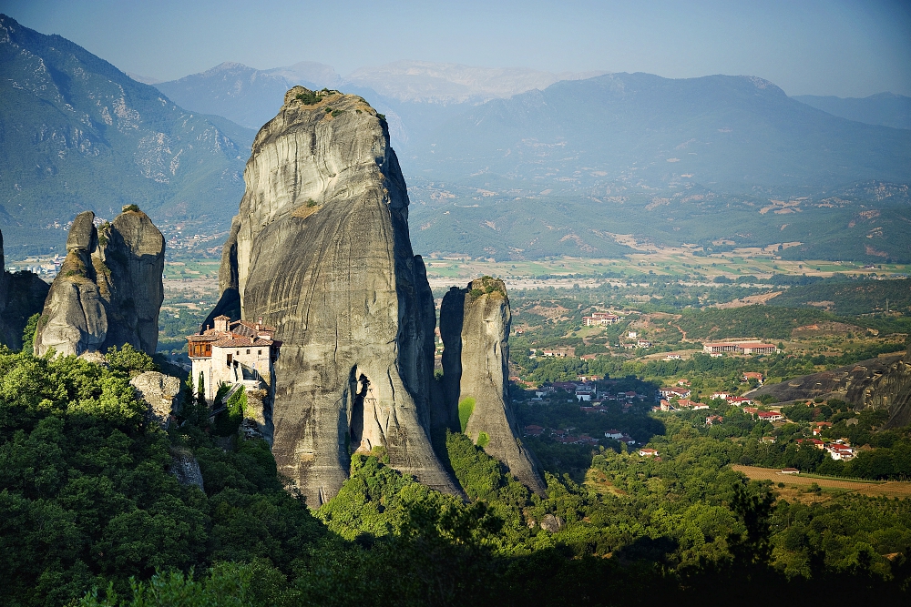 St. Barbara of Roussanou Monastery perches at the edge of a towering hilltop in Meteora, Greece. (Wikimedia Commons/Dennis D. Auger)