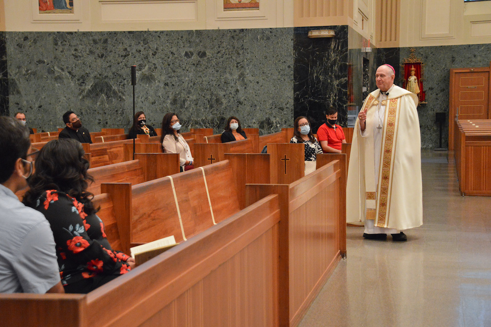 Bishop Richard Pates, the current apostolic administrator for the Diocese of Joliet, Illinois, speaks to the 24 chosen participants for the first cohort of the Latino Pastoral Leaders Initiative at a Sept. 15 prayer service in Joliet's St. Raymond Nonnatu