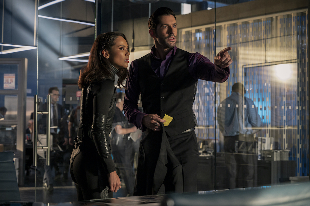 Lesley-Ann Brandt, left, as Maze, with Tom Ellis playing Lucifer Morningstar in Nexflix's series "Lucifer." (Netflix/John P. Fleenor, ©2020)