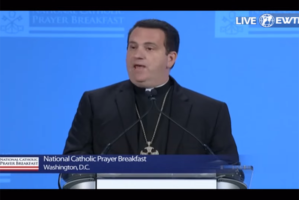 Bishop Steven Lopes of the Personal Ordinariate of the Chair of St. Peter delivers his keynote speech Sept. 14 at the 2021 National Catholic Prayer Breakfast. (NCR screenshot)