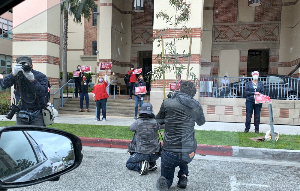 Outside UCLA Medical Center in Santa Monica, California, on April 13, members of National Nurses United protest the lack of personal protective equipment. (Wikimedia Commons/Marcywinograd)