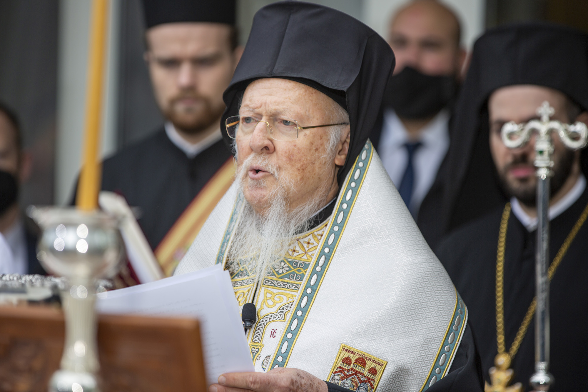 Ecumenical Patriarch Bartholomew leads the official door-opening ceremony of lower Manhattan's St. Nicholas Greek Orthodox Church on Tuesday, Nov. 2, 2021. (AP Photo/Ted Shaffrey, File)