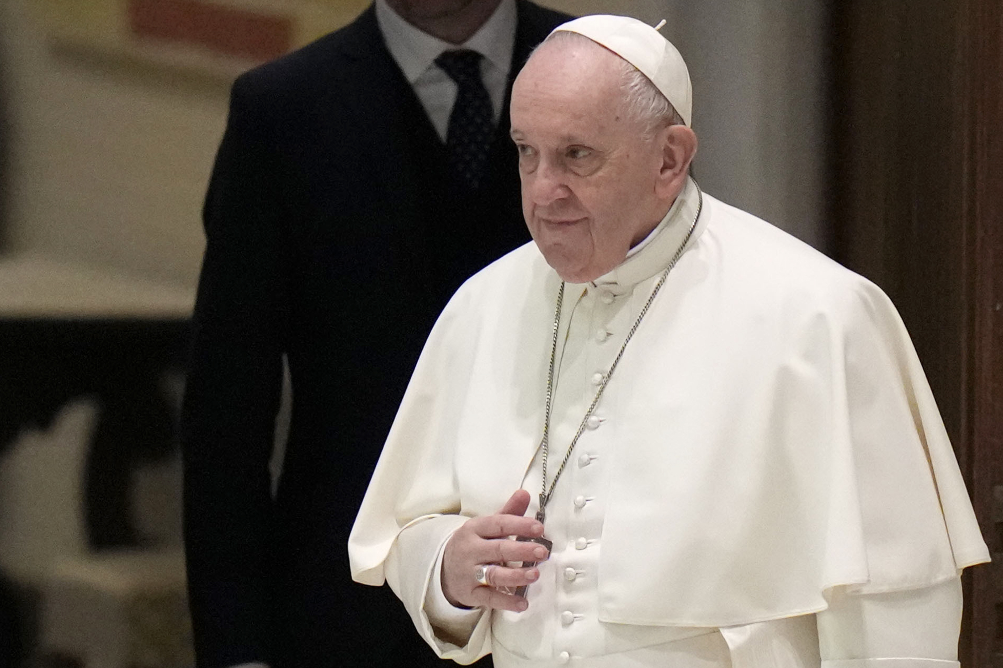 Pope Francis arrives to attend his weekly general audience in the Paul VI Hall at the Vatican, on Jan. 26, 2022. (AP Photo/Alessandra Tarantino, File)