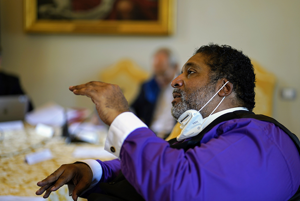 The Rev. William Barber II, a Protestant minister and co-chair of the Poor People's Campaign, speaks Oct. 4 at the Vatican. (Courtesy of Gabriella Clare Marino)