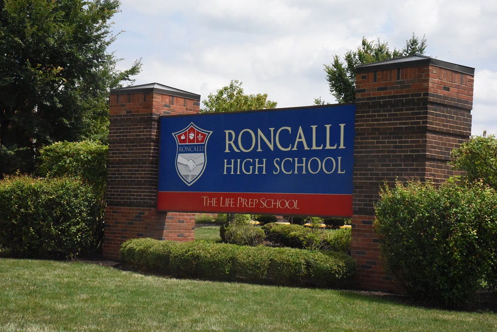 A sign for Roncalli High School in Indianapolis is seen July 23, 2020.