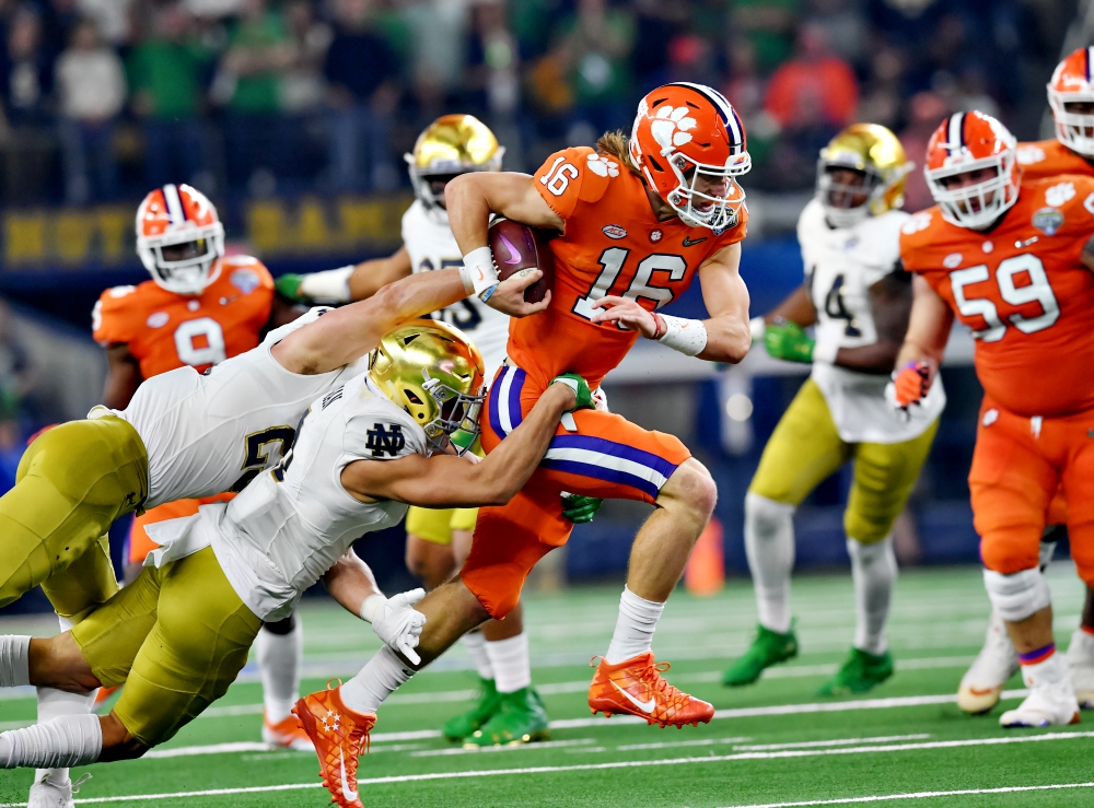 Clemson quarterback Trevor Lawrence (16) is seen in action at the NCAA football Cotton Bowl between the Clemson Tigers and the Notre Dame Fighting Irish in Arlington, Texas, Dec. 29, 2018. (Newscom/Cal Sport Media/Marinmedia.org/Joe Calomeni)