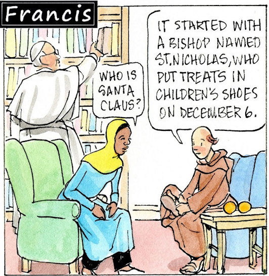 Francis, the comic strip: Brother Leo tells Gabby about St. Nicholas and the origin of Santa Claus.