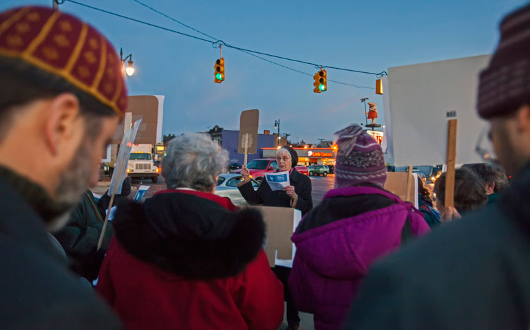 Mercy Sr. Anne Fleming leads a prayer for victims of human trafficking on Human Trafficking Awareness Day in Detroit in early January. (CNS/Jim West)