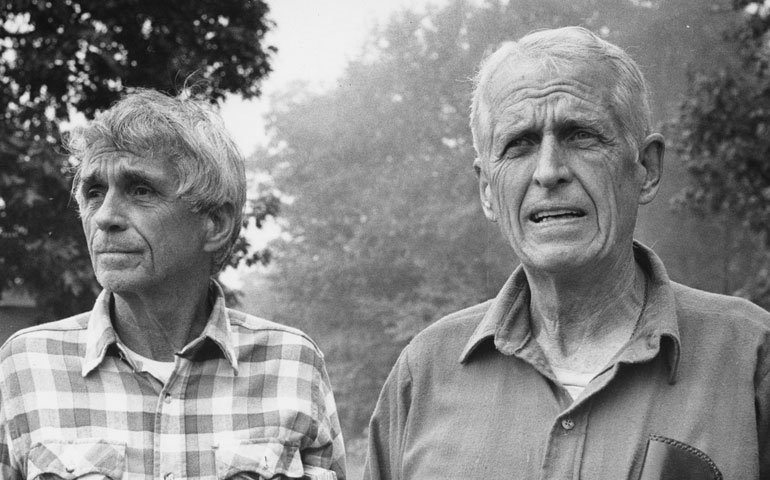 Jesuit Fr. Daniel Berrigan, left, and his brother Philip in 1985 (NCR photo/Walter Walden)