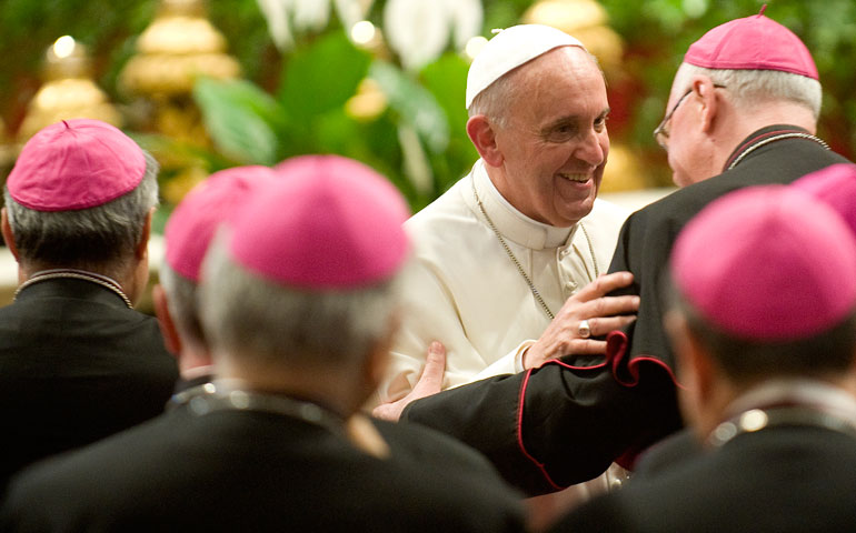 Pope Francis greets bishops of the Italian Episcopal Conference May 23 at St. Peter's Basilica at the Vatican. (Newscom/Polaris/CCP/Alessia Giuliani)