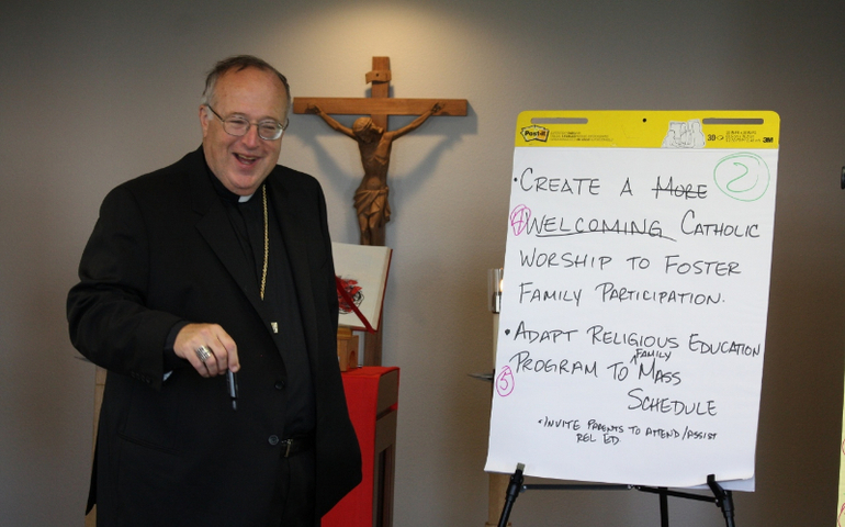 San Diego Bishop Robert McElroy reviewed with synod delegates their recommendations on how to bring spiritual depth to family life, at their meeting Sept. 10 at the diocese's pastoral center. (Aida Bustos/San Diego diocese)