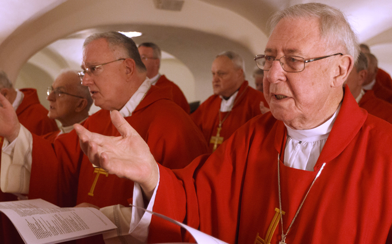 Bishop Joseph Imesch in front of the tomb of St. Peter in the crypt of St. Peter’s Basilica at the Vatican, Feb. 9, 2012. (CNS photo/Paul Haring)