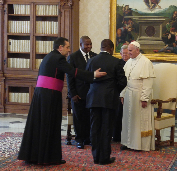 Pope Francis greets Central African Republic President Faustin-Archange Touadéra and his official delegation at the Vatican Monday. (NCR photo/Joshua J. McElwee)