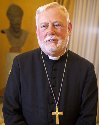 Archbishop Paul R. Gallagher, Vatican secretary for relations with states, is pictured in Rome during a CNS interview Feb. 25. (CNS/Robert Duncan) 