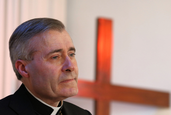 Bishop Mark Davies of Shrewsbury, England, speaks April 16 at the New Life Evangelical Church in Congleton. (CNS/Simon Caldwell)