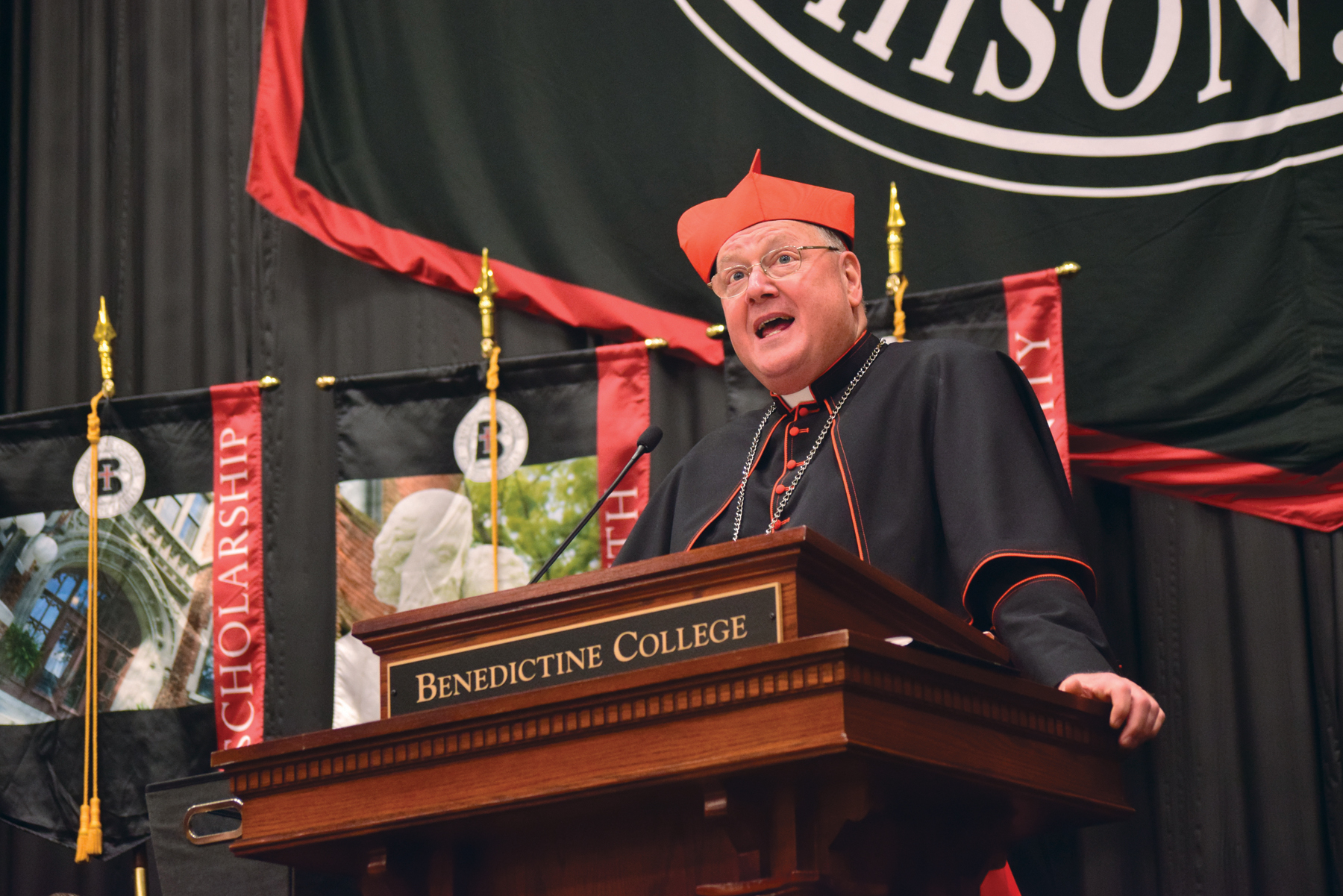 Cardinal Timothy M. Dolan of New York gives the commencement address at the May 14 graduation ceremony at Benedictine College in Atchison, Kan. (CNS/Benedictine College) 