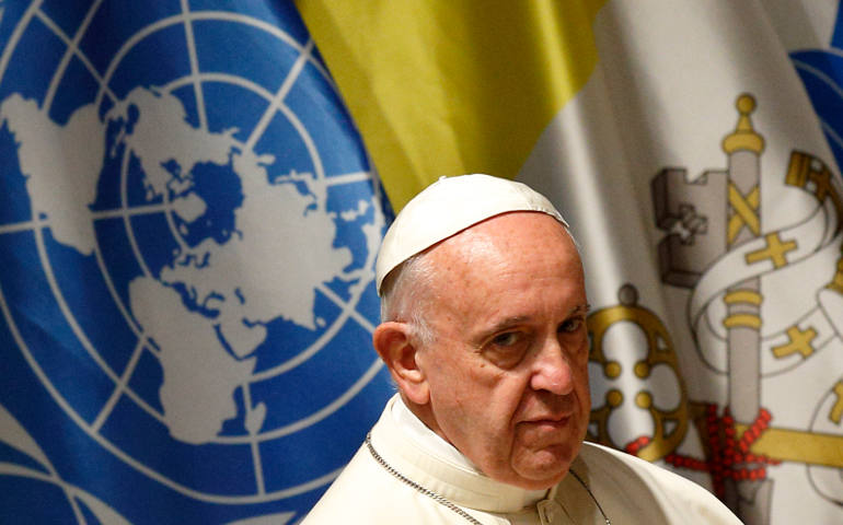 Pope Francis arrives to speak at the headquarters of the World Food Program in Rome June 13. (CNS photo/Paul Haring)