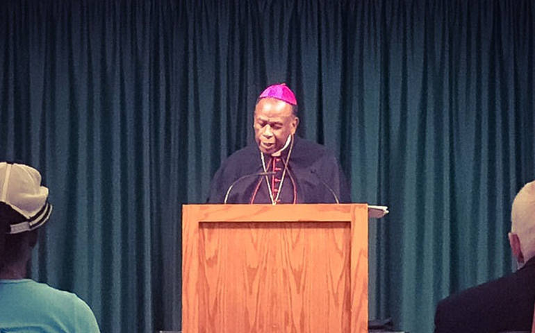 Bishop Edward K. Braxton of Belleville, Ill., talks about bridging racial divides Aug. 8 at the Cardinal Rigali Center in St. Louis. (CNS photo/Theresa Orozco, St. Louis Review)