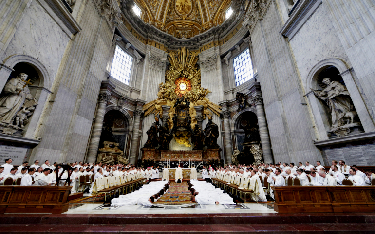 Boston Cardinal Sean O'Malley ordains seminarians as transitional deacons during a Mass in St. Peter's Basilica at the Vatican Sept. 29, 2016. (CNS/Paul Haring)