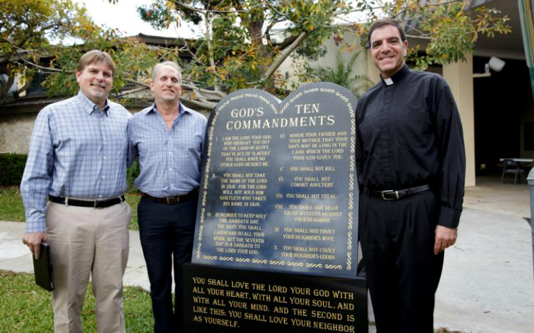 Pastor Randal Cutter of New Dawn Community Church in Coral Springs, Fla., Rabbi Bradd Boxman of Congregation Kol Tikvah in Parkland, pose April 27 with Msgr. Michael Souckar, pastor of St. Andrew Parish in Coral Springs. The three are part of the Clergy Coalition of Coral Springs and Parkland. (CNS photo/Tom Tracy)