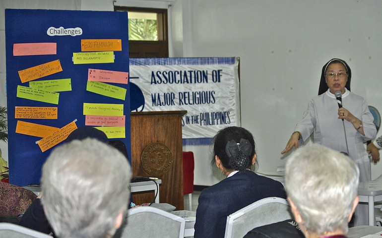 Benedictine Sr. Mary John Mananzan speaks at a workshop on challenges women religious face Nov. 15 at the AMOR XVI conference in Tagaytay City, Philippines. (N.J. Viehland)