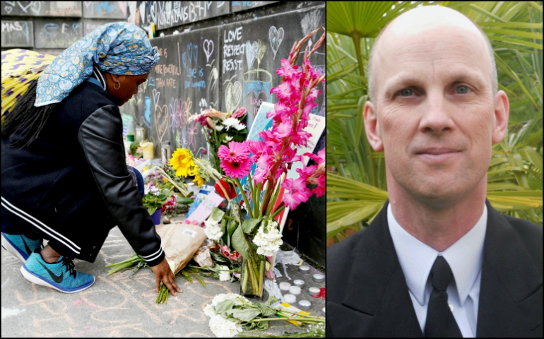 Left: A Muslim woman prays at a makeshift memorial May 29 in Portland, Oregon, for two men who were killed May 26 on a commuter train (CNS/Reuters/Terray Sylvester); right: Rick Best (CNS/Courtesy of Best family).