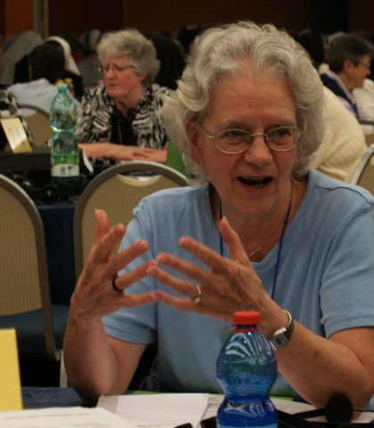 Franciscan Sr. Florence Deacon, LCWR president, speaks during table discussion at the UISG assembly in Rome May 7. (NCR photo/Robyn J. Haas)