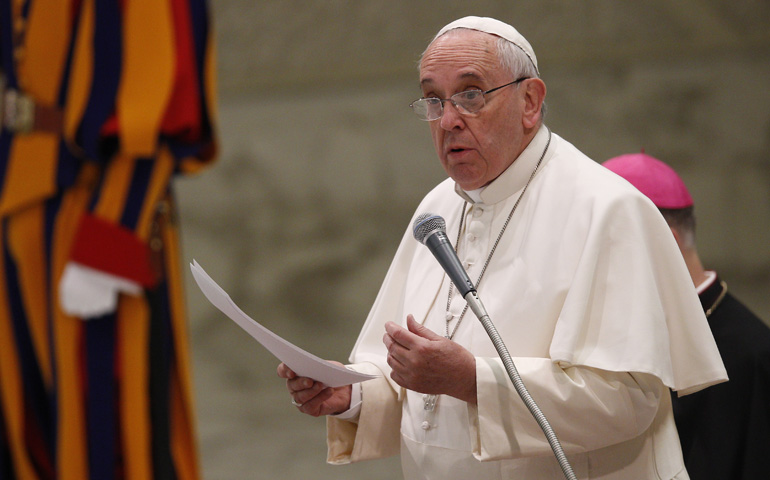 Pope Francis speaks as he leads his general audience Wednesday in Paul VI hall at the Vatican. (CNS/Paul Haring)