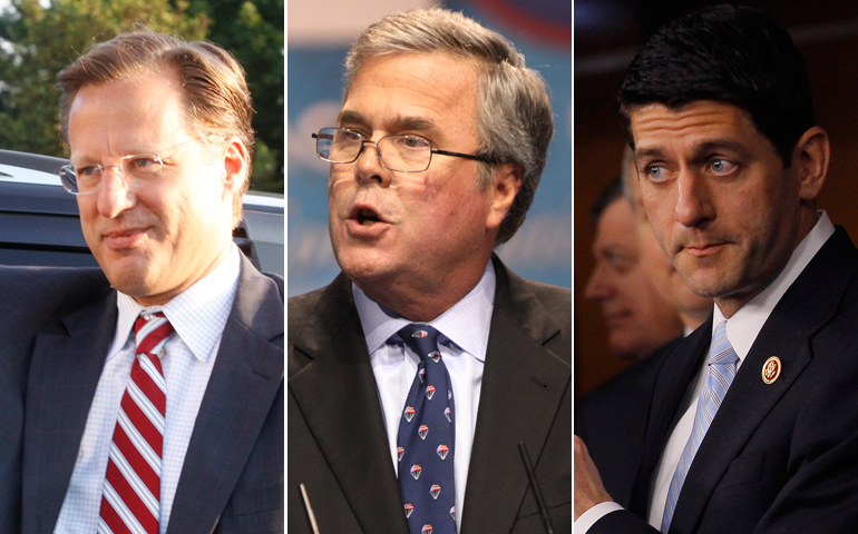 From left: Congressional candidate Dave Brat; Former Gov. Jeb Bush of Florida; Rep. Paul Ryan (Photos from Newscom, Gage Skidmore, CNS)