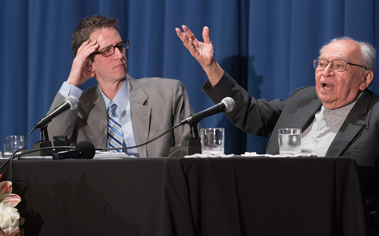 Dominican Fr. Gustavo Gutierrez, right, speaks Wednesday at an event in his honor at Fordham University’s Manhattan campus. (Courtesy of Fordham University/Leo Sorel)