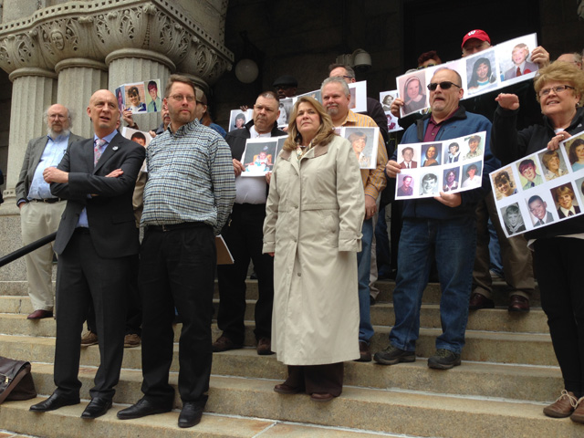 Clergy sexual abuse victims and their supporters demonstrate outside federal bankruptcy court April 17 in Milwaukee. (AP/M.L. Johnson)