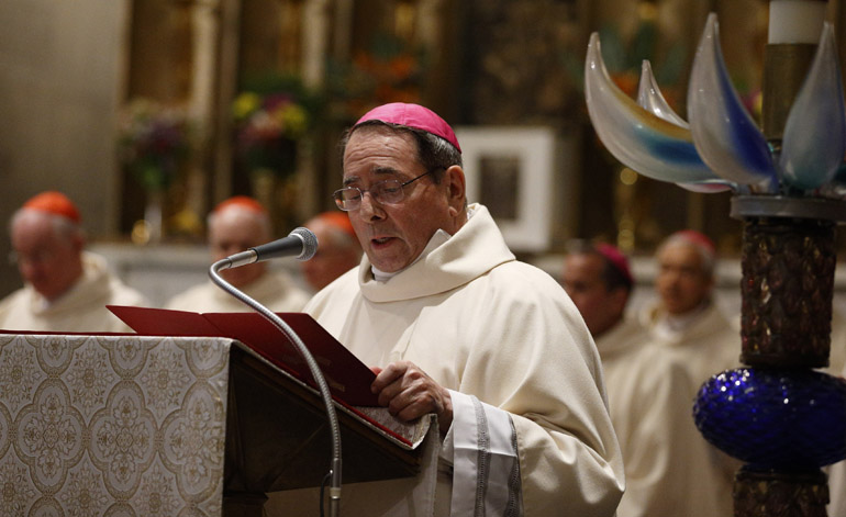 Archbishop John Myers of Newark, N.J., addresses Pope Francis at the conclusion of Mass May 2 at the Pontifical North American College in Rome. (CNS/Paul Haring)