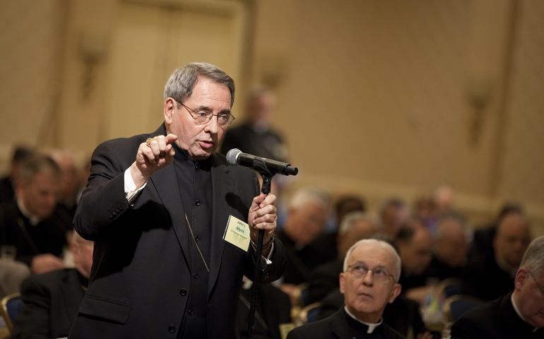 Archbishop John J. Myers of Newark, N.J., speaks from the floor as the U.S. bishops conduct their annual fall meeting Nov. 13 in Baltimore. (CNS/Nancy Phelan Wiechec) 