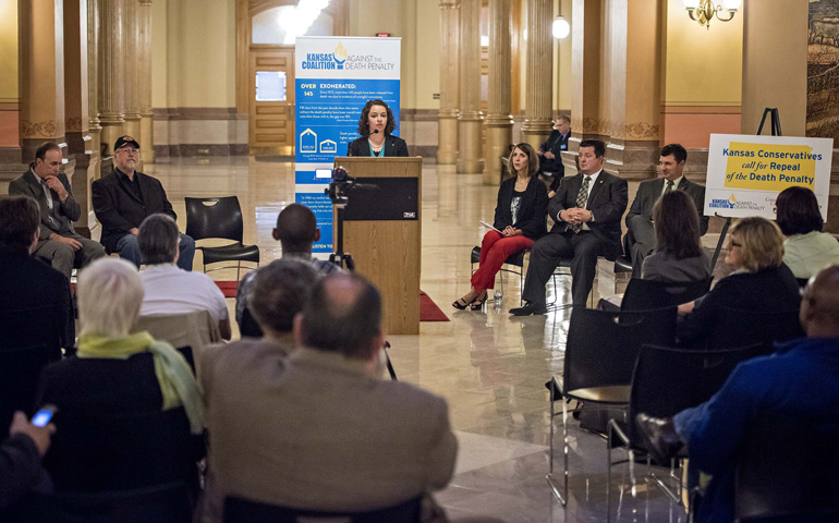 Laura Peredo, president of Ravens Respect Life at Benedictine College of Atchinson, Kan., speaks at a news conference in the rotunda of the Kansas Capitol in Topeka March 17. Peredo was one of a group of Kansas conservative leaders calling for repeal of their state's death penalty. (CNS/Courtesy of Kansas Coalition Against the Death Penalty)