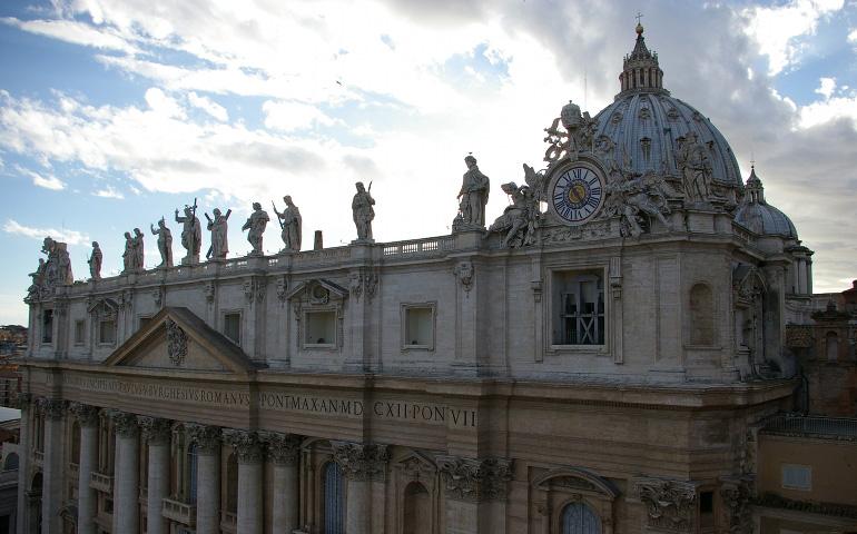 The outside of St. Peter's Basilica, where the cardinals celebrated a special Mass for the election of a pope Tuesday morning. (NCR photo/Joshua J. McElwee)