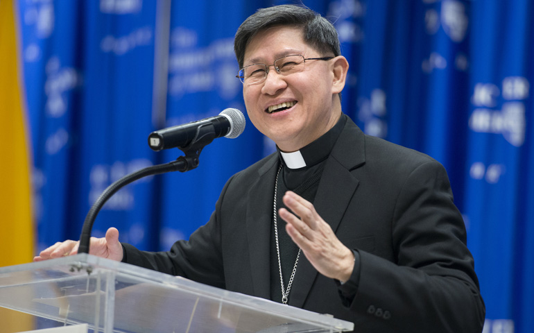 Cardinal Luis Antonio Tagle of Manila, Philippines, an alumnus of The Catholic University of America, delivers the university's annual Cardinal Dearden Lecture on Monday. (CNS/The Catholic University of America/Ed Pfueller)