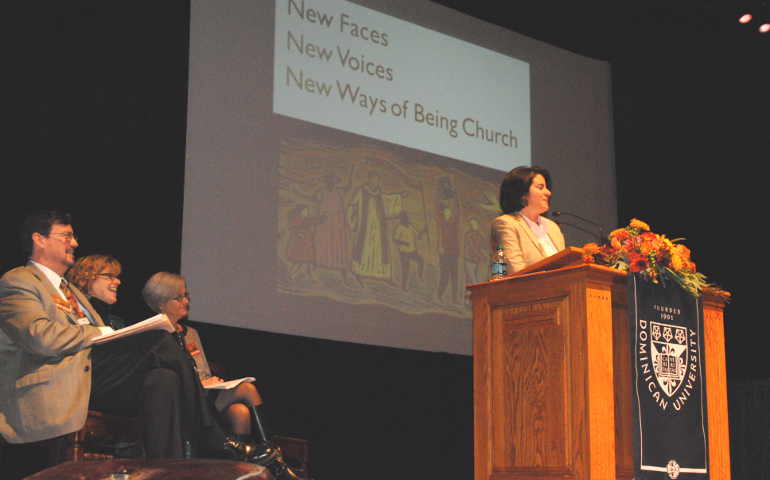 Jamie Manson addressing the NCR 50th anniversary conference Oct. 24. On stage with her are NCR editor Dennis Coday, NCR contributor Heidi Schlumpf and NCR publisher Caitlin Hendel. (NCR photo/Jaratsri Piewklieng)