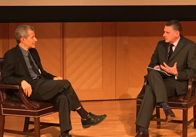 Daniel Jonah Goldhagen, left, speaks with Jacques Berlinerblau, Feb. 29 at Georgetown University. (Religion News Service/Lauren Markoe)