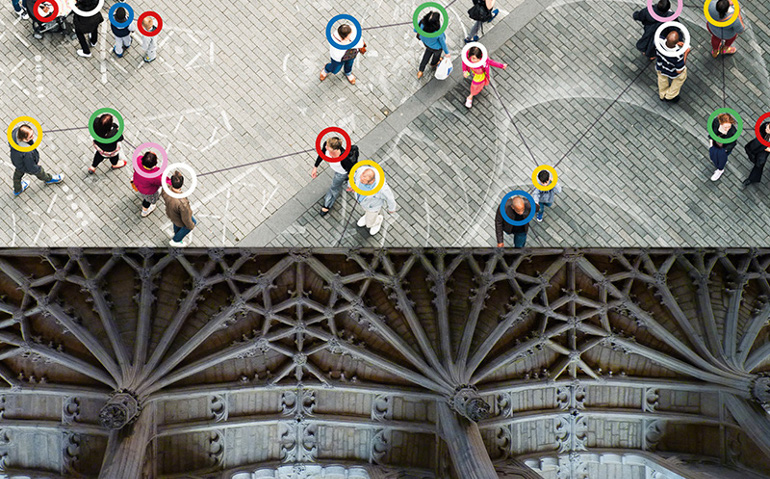 A pamphlet for the “Religion, Society, and the Science of Life” conference, top, and the ceiling of the Christ Church Cathedral at the University of Oxford. Pamphlet courtesy of University of Oxford (Photo courtesy of Hans Bernhard/Creative Commons)