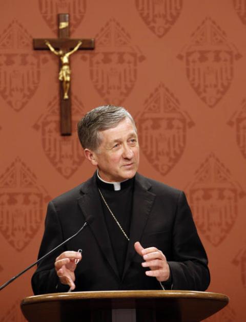 Archbishop Blase Cupich of Chicago addresses media about Pope Francis' encyclical "Laudato Si', on Care for Our Common Home," at the Archbishop Quigley Center in Chicago June 18, 2015. (CNS photo/Karen Callaway, Catholic New World)