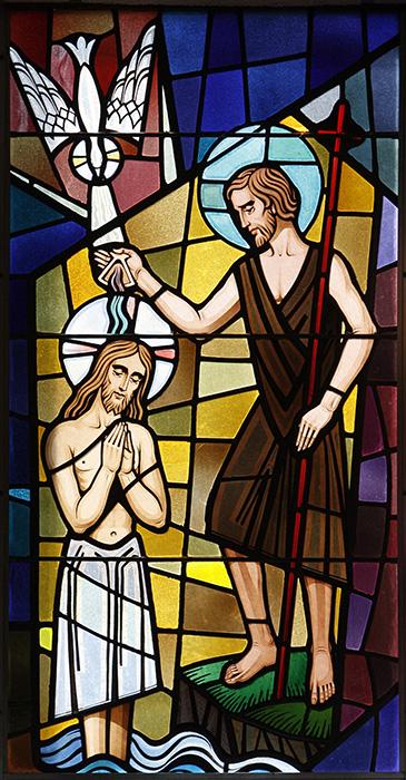 Christ's baptism by St. John the Baptist at the Jordan River is depicted in a stained-glass window at St. Francis of Assisi Church in Greenlawn, New York. (CNS/Long Island Catholic/Gregory A. Shemitz)