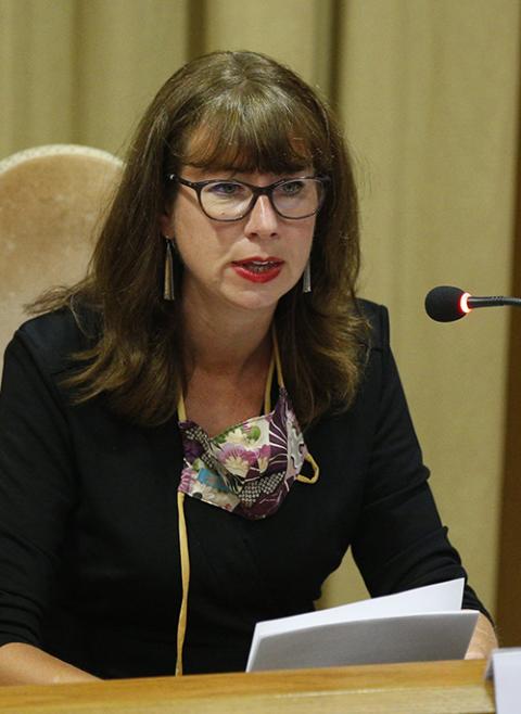 Anna Rowlands, professor of Catholic social thought and practice at Durham University in the United Kingdom, speaks at a press conference for the release of Pope Francis' encyclical, "Fratelli Tutti" at the Vatican Oct. 4, 2020. (CNS/Paul Haring)