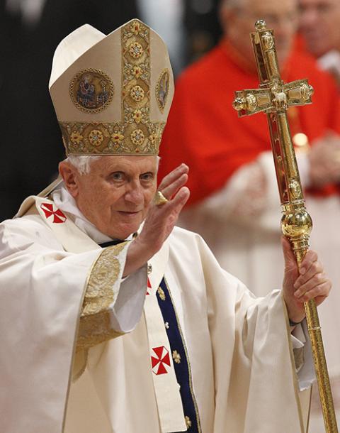 Pope Benedict XVI arrives to celebrate Mass on the feast of Mary Mother of God in St. Peter's Basilica at the Vatican Jan. 1, 2010. He also observed World Peace Day, saying that true respect for the environment requires seeing all of creation as a reflection of God, the creator. (CNS/Paul Haring)